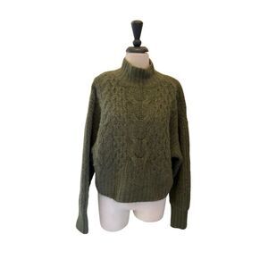 Express Women's Cable Knit Oversized Mock Neck Pullover Sweater Green XS